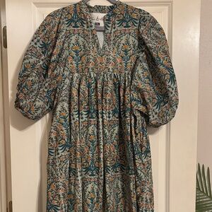 Floral Midi Dress in Green and Orange